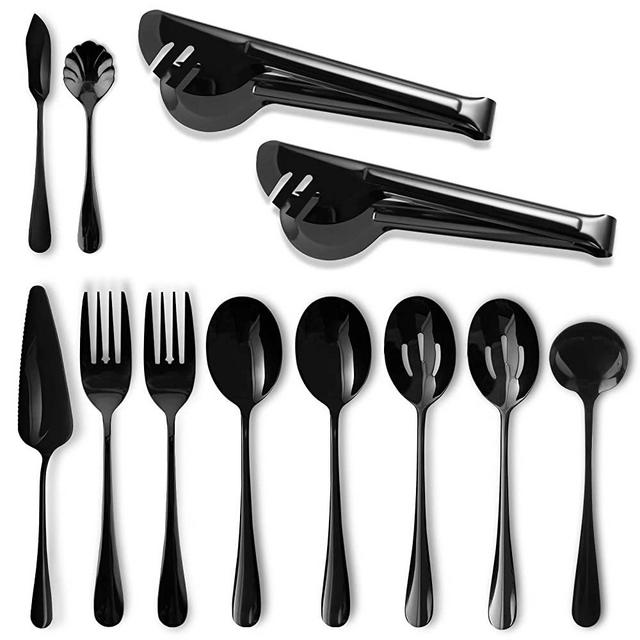 Black Serving Utensils,12 Pcs Stainless Steel Serving Utensil with Serving Spoon,Slotted Spoons,Serving Forks,Soup Ladle,Serving Tongs,Pie Server,Butter Knife Serving Utensils Set for Parties,Buffet