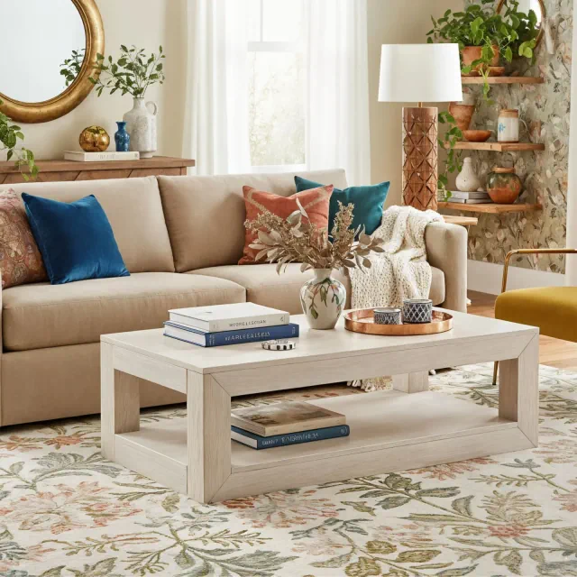 Modern Rectangular Coffee Table with Bottom Shelf White Sand Wirebrush