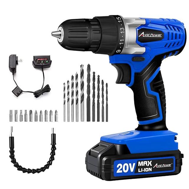 AVID POWER 20V MAX Lithium lon Cordless Drill Set, Power Drill Kit with Battery and Charger, 3/8-Inch Keyless Chuck, Variable Speed, 16 Position and 22pcs Drill Bits (Blue)