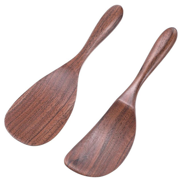 Walnut Wooden Cooking Spoons Set, Wooden Spatula for Cooking, 1 Flat + 1 Angled Rice Scooper, Spatula Turner for Non Stick Pans, Wood Kitchen Utensils for Cook, Frying, Baking