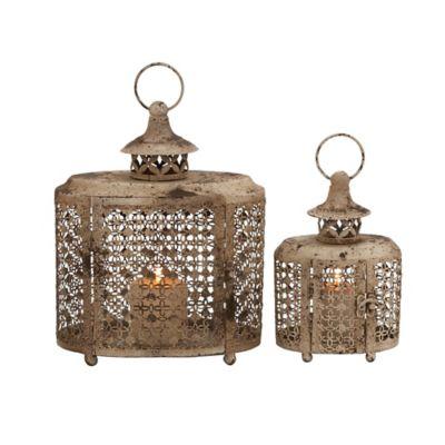 Ridge Road Décor 2-Piece Oval Scallop Lattice Iron Candle Lantern Set in Beige