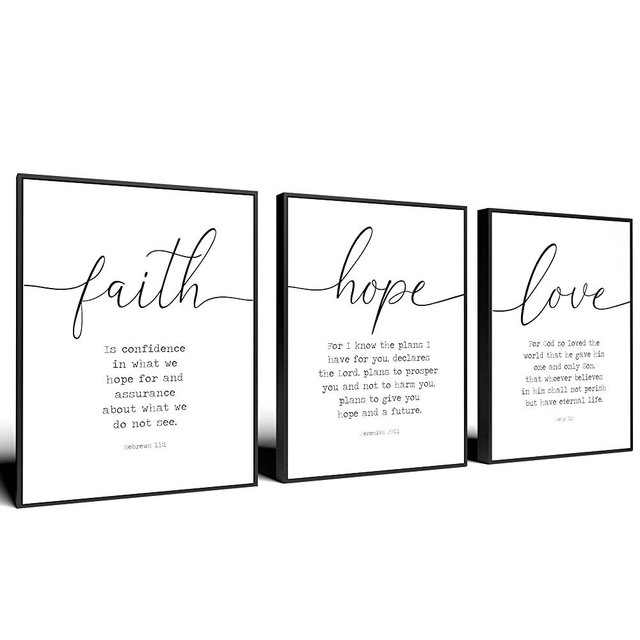 Bible Verses 3 Piece Canvas Wall Art Decor Framed Wall Art Ready to Hang Faith Hope and Love Wall Art for Living Room Large Size Christian Art Religious Quotes Wall Decor Love Wall Art Prints 12x16 Inch Framed