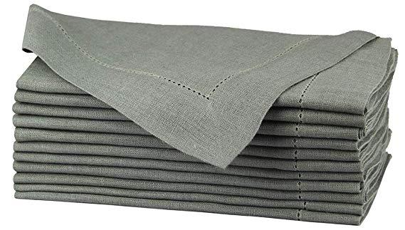 Pure Linen Oversized Napkins 12 Pack - Pure Linen Hemstitch Napkins - (Set of 12) Size 20x20 Charcoal - Hand Crafted and Hand Stitched Napkins with Hemstitch detailing on Genuine Linen Fabric
