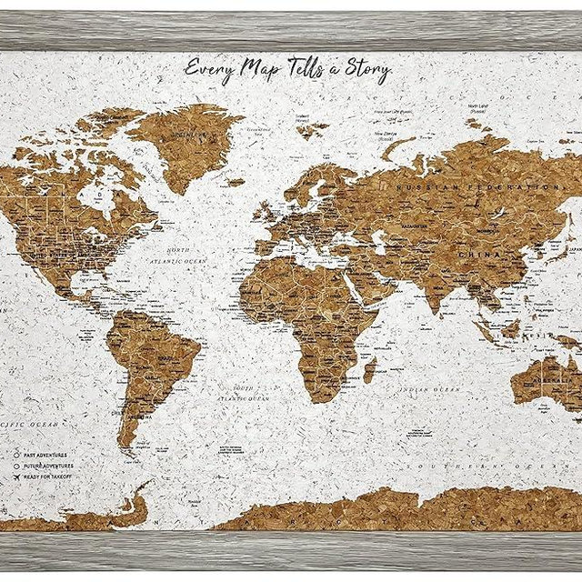 World Map Pin Board Travel Map Gray Frame | Framed Pinboard | Cork Wooden Design | 70 Push Pins Included | 14.2'' x 21.2'' Personalised Home Wanderlust Decor for Travelers