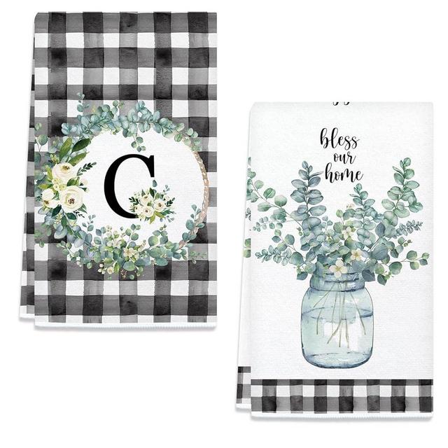 Letter C Kitchen Towels Set of 2, Eucalyptus Leaves Family Last Name Initial Dish Towels for Cooking Baking Home Decorations, 16x24 Inch (Letter C)