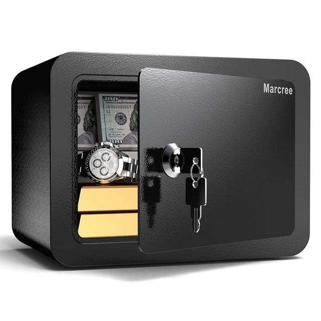 Marcree 0.23 Cub Safe, Small Safe Box with Key, Mini Home Safes for Money, Coin and Cash, Security Safes for Kids, Lock Box for Personal Items, Black, 6.69 x 9.06 x 6.69 Inches