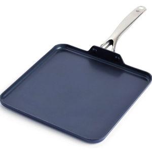 Blue Diamond 11" Nonstick Square Griddle Pan, Non Toxic PFAS-Free Diamond Ceramic, Dishwasher & Oven Safe, Even Heating, Metal Utensil Safe, Warp Control, Blue