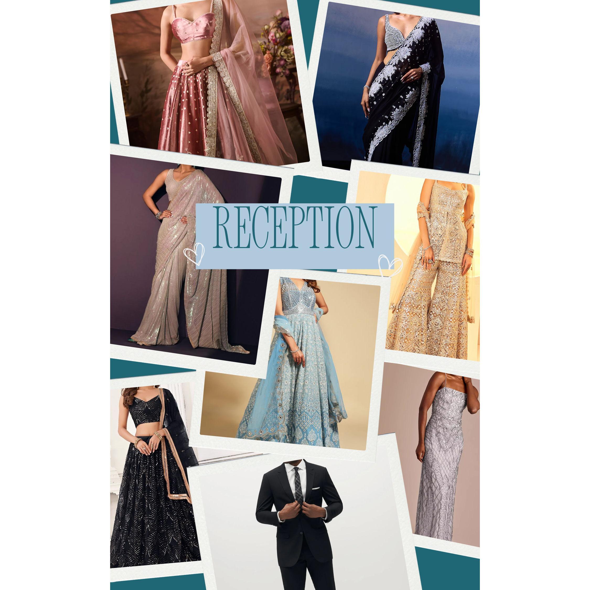 Indian and western formal, which includes elegant lehengas, sarees, shararas, and evening gowns. This event is in an indoor ballroom.
