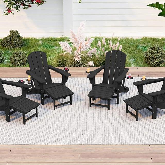 KINGYES Folding Adjustable Adirondack Chair with Ottoman & 2 Cup Holders Set of 4, HDEP Multifunctional Adirondack Chair with Footrest, Black