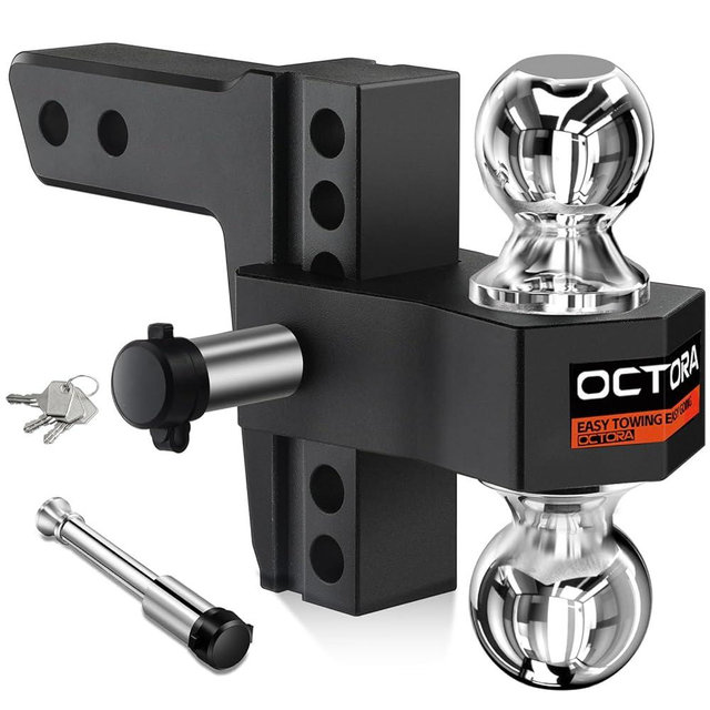 OCTORA Adjustable Trailer Hitch Fits 2-inch Receiver, Heavy Duty Aluminum Tow Hitches,6-inch Drop/Rise, Solid Tube Hitch,for Truck(12,500 LBS GTW), Double Anti-Theft Locking Hitch Pins (Black)