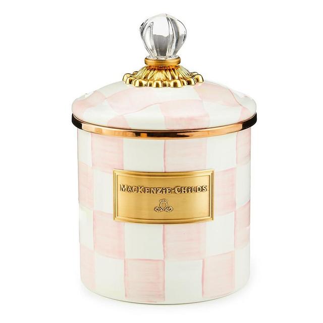 MACKENZIE-CHILDS Rosy Check Enamel Canister, Small Enamelware Storage Canister with Lid, Cute Coffee or Sugar Container, 38 Ounces