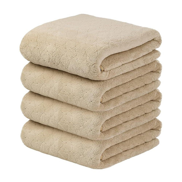 JML Bath Towels, Pack of 4, 30"x60", Large Microfiber Towel Set, Ultra Soft, Super Absorbent, Fast Drying, Perfect for Sauna, Shower, Pool, Sport, Travel, Fitness, SPA,Yoga, Coral Fleece - Camel