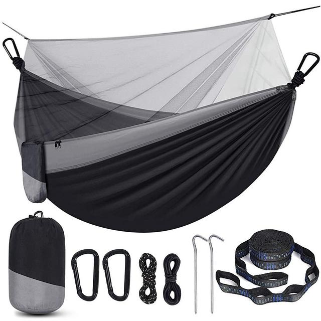 Camping Hammock with Net,Travel Portable Lightweight Hammock with Tree Straps and D-Shape Carabiners,Parachute Nylon Hammock for Outsides Backpacking Beach Backyard Patio Hiking,Black & Grey