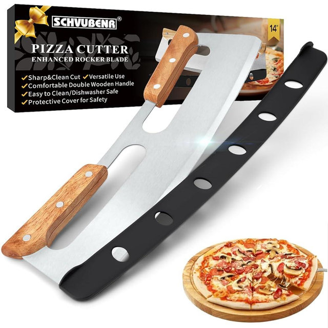 SCHVUBENR 14'' Pizza Cutter Rocker with Wooden Handles - Sharp Stainless Steel Pizza Slicer with Protective Cover - Large Pizza Knife Cutter Wheel - Easy to Use & Clean - Slice Pizza with Ease