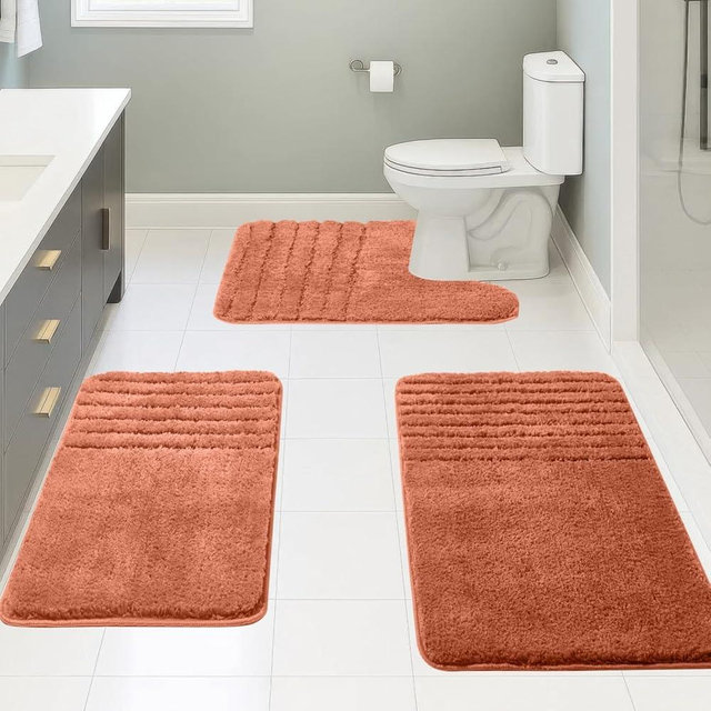 CNNJ Bath Rugs Set 3 Pieces Bathroom Mat Soft Absorbent Plush Shaggy Soft Floor Non Slip Shower Bath Tub Machine Washable (Spice-Strip, 20"x32"/20"x20"/17"x24")