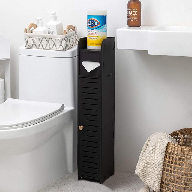 Toilet Paper Holder Stand,Black Tissue Holder for Small Bathroom, tp Holder with Toilet Paper Spindle for Half Bath, Slim Nightstand with Narrow Storage Shelf for Small Spaces,Black by AOJEZOR