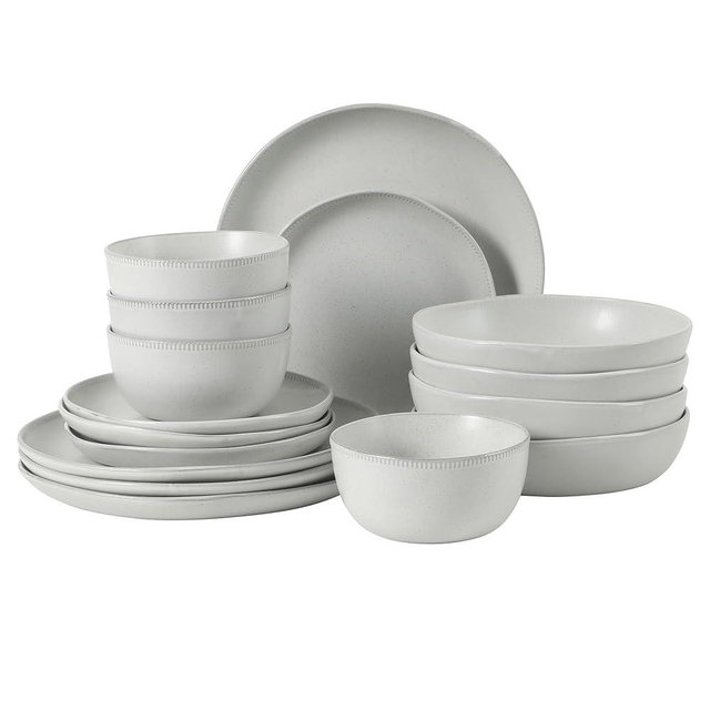Gibson Elite Menlo Park 16-Piece Pottery Clay Stoneware Dinnerware Set – White Reactive Glaze, Embossed Plates and Bowls W/Pasta Bowl, Service for 4 – Microwave & Dishwasher Safe