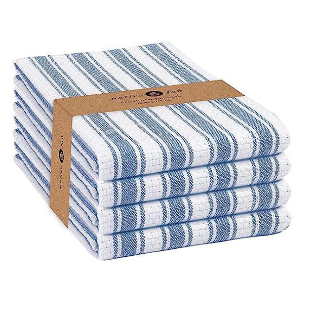 Native Fab Cotton Kitchen Towel with Hanging Loop 18x28 inches, 4-Pack, Soft & Absorbent Cloth Rags, Bar Towel, Basket Weave Kitchen Towels for Cleaning Drying, Washcloths, Dish Cloth, Blue White