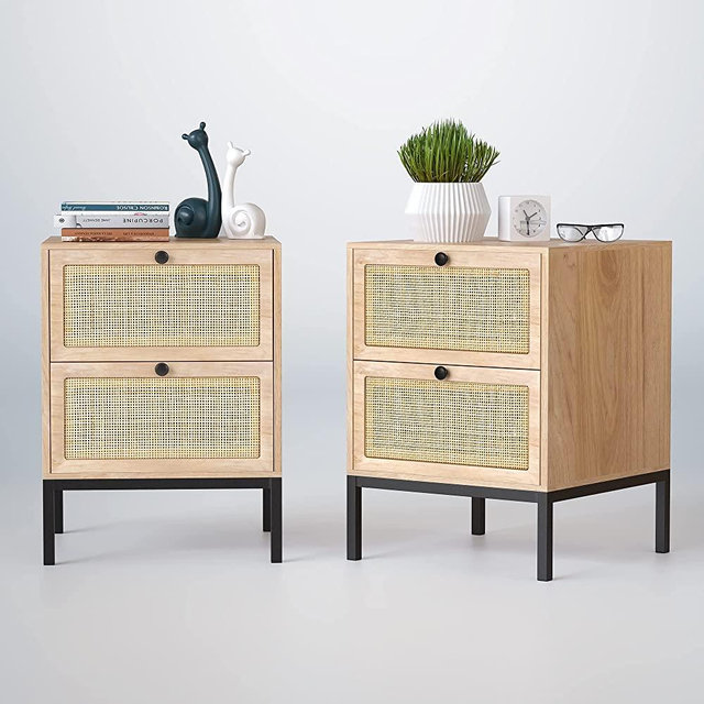Nightstand Set of 2 with Handmade Natural Rattan Drawers, Bedside Table, End Table with Storage, for Bedroom, Living Room, Metal Legs, Natural 1, 1 Packages