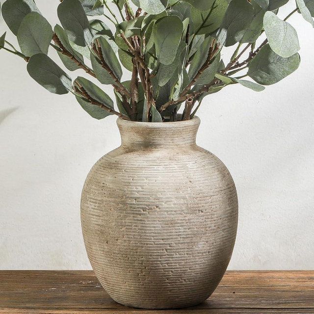 Vanselia Ceramic Flower Vase Home Decor - Farmhouse Table Vases Rustic Vintage Living Room Kitchen Bedroom Decorations for House Book Shelf Office Coffee Desk Dining Fireplace (7.4" Retro)