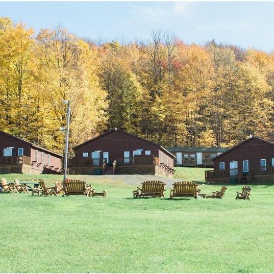 Cabins with outdoor lounge area.