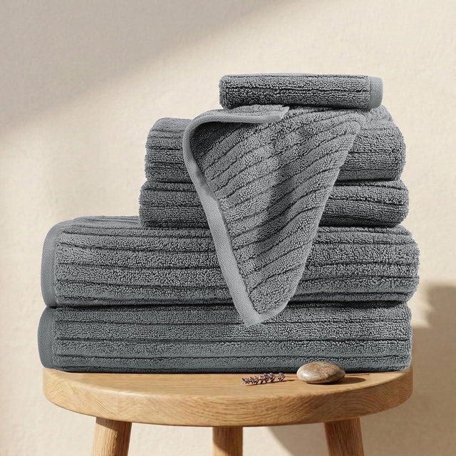 BIOWEAVES 100% Organic Cotton 6-Piece Luxury Bathroom Ribbed Towel Set GOTS Certified 700 GSM, 2 Bath Towel, 2 Hand Towel & 2 Wash Cloths - Pewter