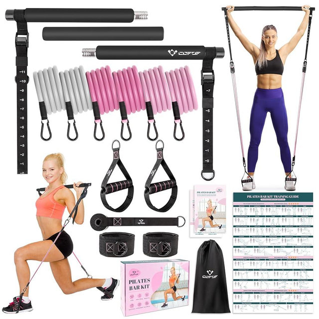 Pilates Bar Kit with Resistance Bands, Multifunctional Yoga Pilates Bar with Heavy-Duty Metal Adjustment Buckle, Portable Home Gym Pilates Resistance Bar Kit for Women Full Body Workouts