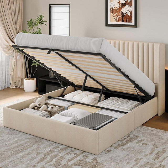 iPormis Queen Size Lift up Storage Bed Frame with Wingback Headboard, Modern Linen Upholstered Platform Bedframe withHydraulic Lifts, Sturdy Wood Slats, Easy Assembly, Beige