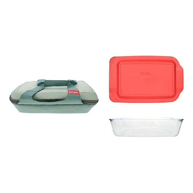 Pyrex (1) 1138983 5 Qt Portables Sage Green Carry Tote and (1) 233-D 5 Qt Deep Hold-Everything Glass Baking Dish and (1) 233-PC Lid