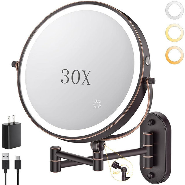 9" Wall Mounted Lighted Makeup Mirror,4000mAh Rechargeable Double Sided 1X/30X Magnifying Mirror with Light,Touch Dimmable,Extended Arm 360 Rotation Wall Mounted Makeup Mirror 3 Color Lights-Bronze