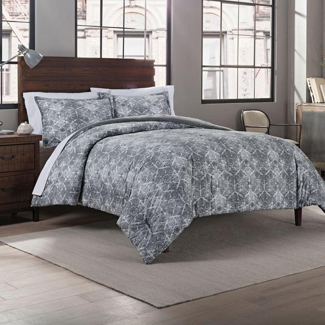 Garment Washed Printed Full/Queen Comforter Set in Grey Medallion
