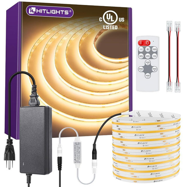 HitLights COB LED Strip Lights Kit Warm White with Remote & 24V Power Supply,16.4ft Dimmable Tape Light 3000K, 2560LEDs, 350+LM/FT, UL Listed, Flexible Rope Lights for Bedroom Kitchen Cabinet Lighting