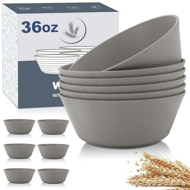 Wrova Wheat Straw Bowl Sets with Pattern,6 PCS Unbreakable Cereal Bowl 36 OZ,Microwave and Dishwasher Safe Bowls,Soup Bowl Sets BPA Free for Salad (Gray