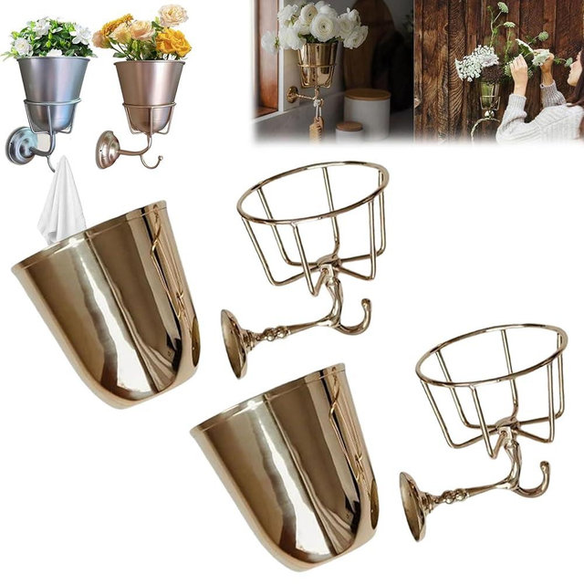2 Pack Handcrafted Opal Wall Vessel with Hook, Vintage Wall Brass Vase for Flowers, Multi-Function Hanging Organizer for Home, Artificial Plants, Mail Organize, Spring Summer Decoration (Gold*2)