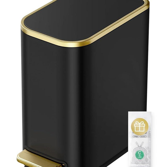 Cesun Small Bathroom Trash Can with Lid Soft Close, 5 Liter/1.3 Gallon Stainless Steel Garbage Can with Removable Inner Bucket, Step Pedal, Slim Waste Basket for Toilet, Office, Bedroom (Black&Gold)