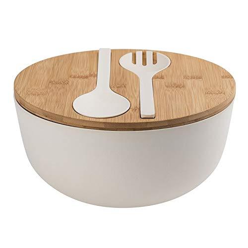 Bamboo Fiber Salad Bowl with Servers Set - Large 9.8inches Nature Bamboo Mixing Bowl with Servers with Lid Spoon and Fork for Fruits,Salads and Vegetables(10inch, White)