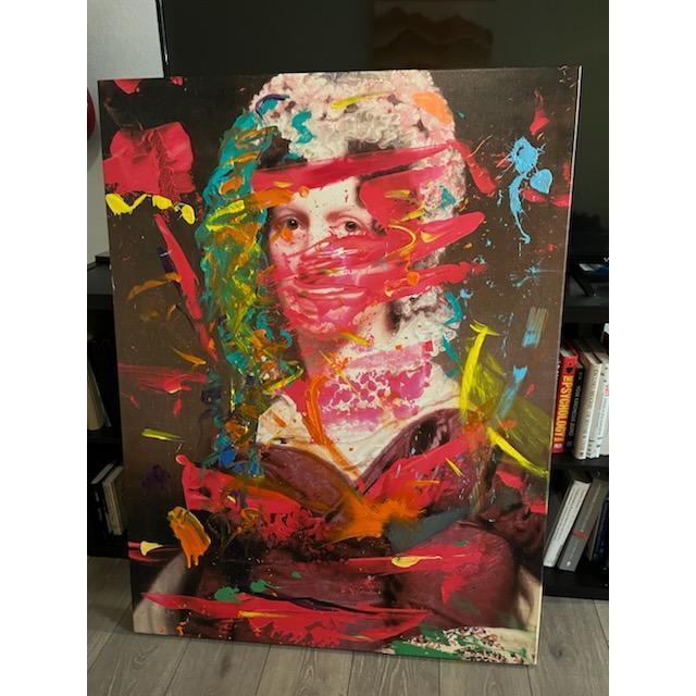 We had a painting night. Our friend Mark found this painting by the trash can, Mark, Claudia, Joseph and I all decided to repaint it. It hangs in my living room today.