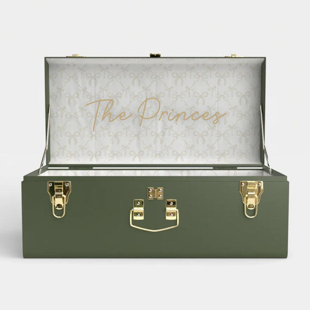 Petite Bridal Trunk (Green) (Fabric: Briarcliff Bows) - The Princes (Font: Haven) (Thread Color: Shimmery Champagne)
