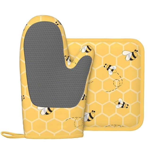 Oven Mitts and Potholders Yellow Bees Honey Silicone Glove Heat Resistant, Kitchen Gloves for Cooking, 2-Piece Set