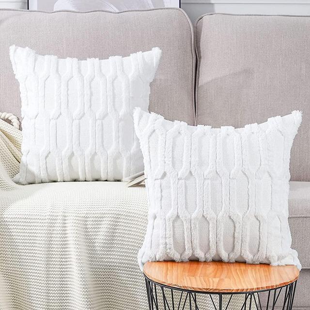 MADIZZ Pack of 2 Soft Plush Short Wool Velvet Decorative Throw Pillow Covers Luxury Style Cushion Case Pillow Shell for Sofa Bedroom Square White 18x18 inch