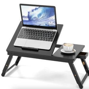 Costway - Adjustable Bamboo Laptop Desk with Tilting Top and Drawer - Black