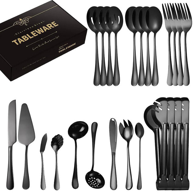 AARAINBOW Hostess Serving Utensils Set, 25 Pcs Stainless Steel Serving Utensils for Parties Buffet, Flatware Serving Sets with Serving Spoon Slotted Spoons Serving Forks Serving (D Black)
