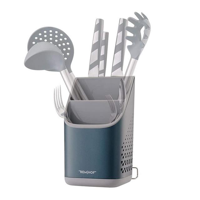 REMIHOF Countertop Cutlery Holder Organizer - BPA free - Kitchen Sink Cutlery Caddy- Modern Kitchenware Holder (dark)