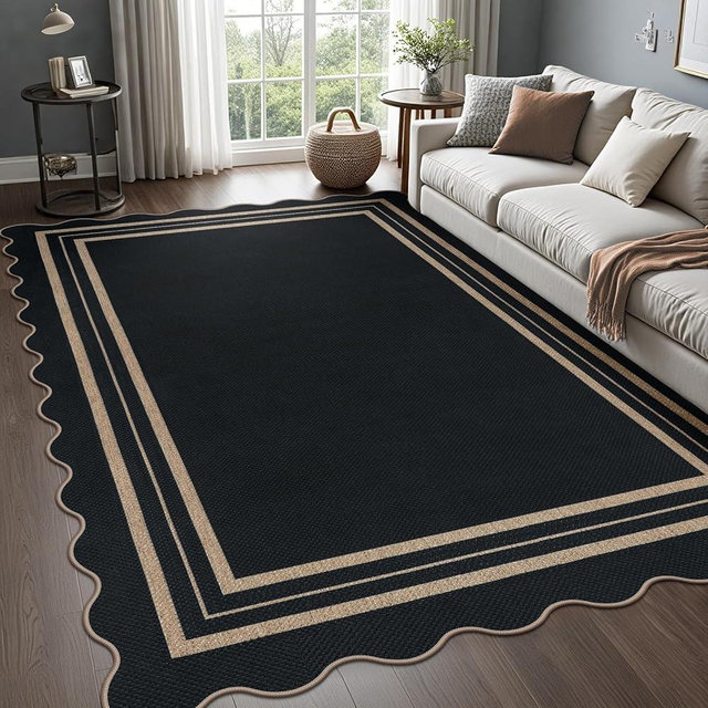 LORWER Scalloped 5x7 Rug for Living Room, Easy Jute Washable Outdoor Patio Carpet, Farmhouse Indoor Black Geometric Rug Neutral Non Slip Carpet for Living Room Backyard