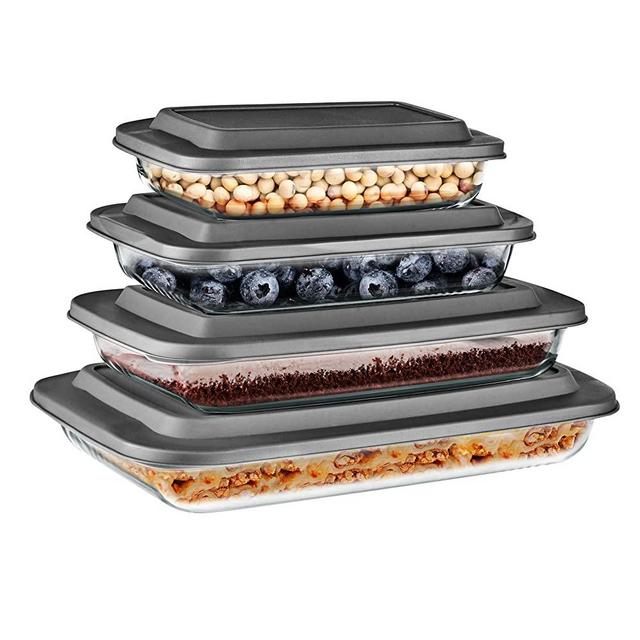 Rectangular Glass Bakeware Set - 4 Sets of High Borosilicate with PE Lid, Heat-Resistant, Non-Slip Design, Convenient to Use & Easy to Clean, Elegant Design, Color Gray - SL4PBK55