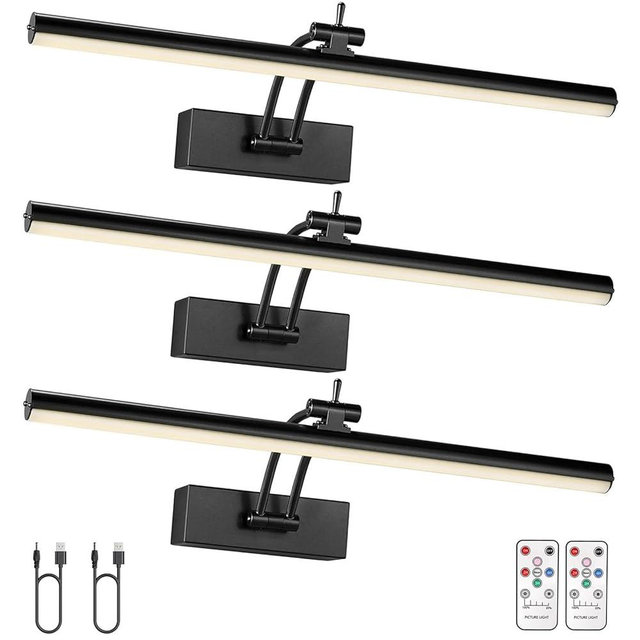 Yuichoy 3 Pack Picture Light Battery Operated for Wall, 16" Wireless Display Art Lighting for Painting with Remote, Dimmable 5200mAh Picture Frame Lights for Gallery, Black
