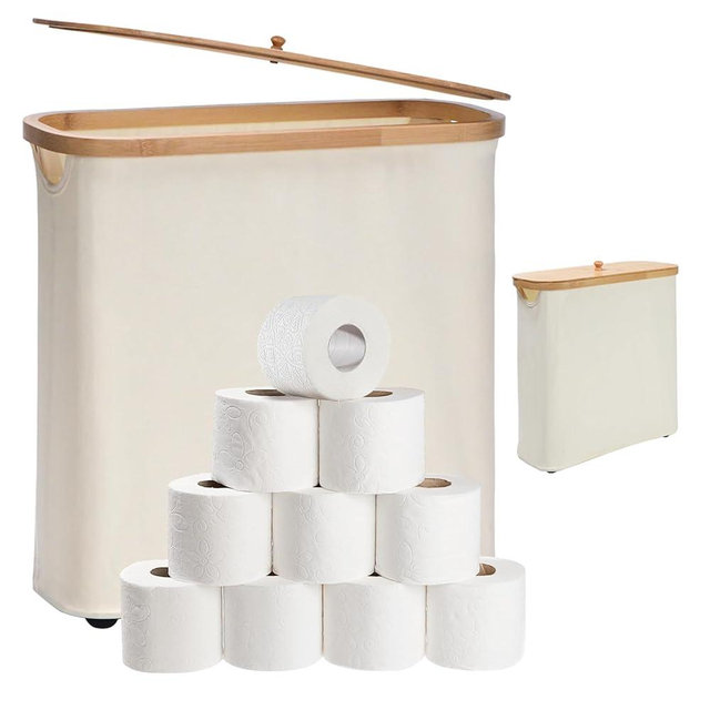 Bangleo Toilet Paper Storage 30L, Lager Toilet Paper Basket with Bamboo Lid，Damp Proof Toilet Paper Holder Standing by Elevated Footbase,Toilet Paper Organizer for Bathroom, Beige