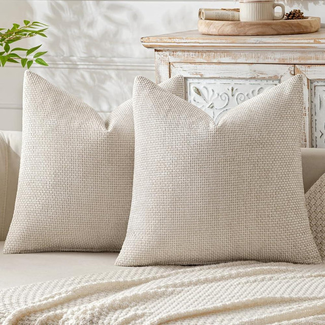 MIULEE Pack of 2 Beige Decorative Pillow Covers 20x20 Inch Soft Chenille Couch Throw Pillows Farmhouse Natural Cushion Covers for Home Decor Sofa Bedroom Living Room