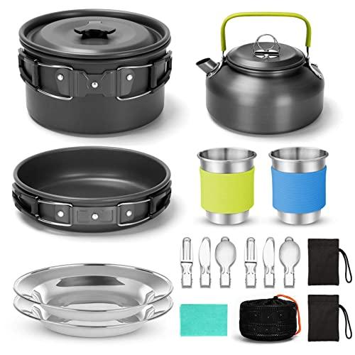 Odoland 15pcs Camping Cookware Mess Kit, Non-Stick Lightweight Pot Pan Kettle Set with Stainless Steel Cups Plates Forks Knives Spoons for Camping, Backpacking, Outdoor Cooking and Picnic