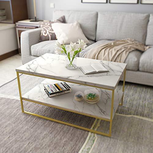 Roomfitters White Marble Print Coffee Table with Gold Metal Legs, Living Room Tables
